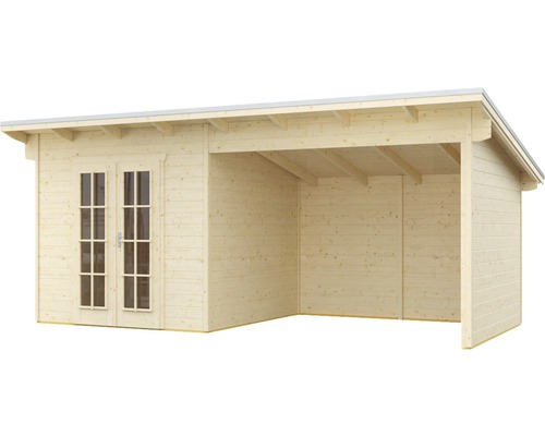 Holzgartenhaus mit Doppeltür und Anbau