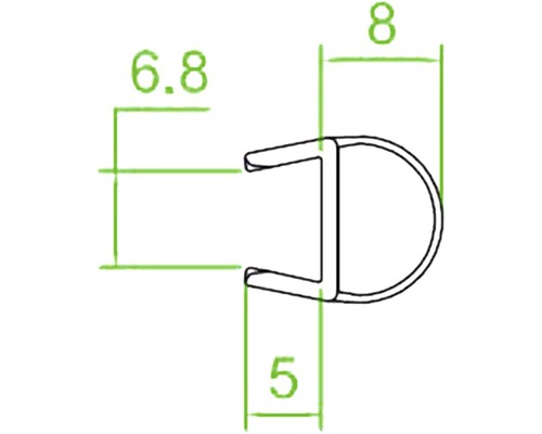 Technische Zeichnung eines Profils mit den Maßen 6,8, 8 und 5 Millimeter