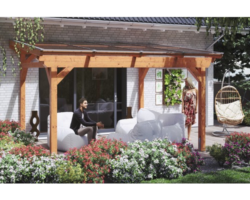 Terrassenüberdachung SKAN HOLZ Sanremo 434x250 cm eiche hell Holzterrasse mit Gartenmöbeln und Bepflanzung