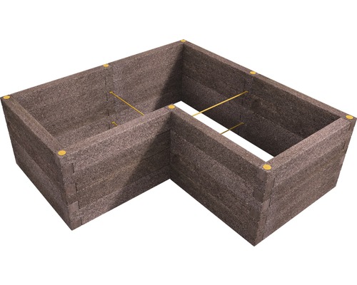 Erhöhtes Beet in L-Form aus Holz mit gelben Schrauben