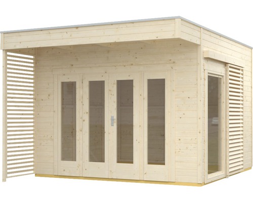 Holz Gartenhaus mit Flügeltüren und seitlichem Vordach