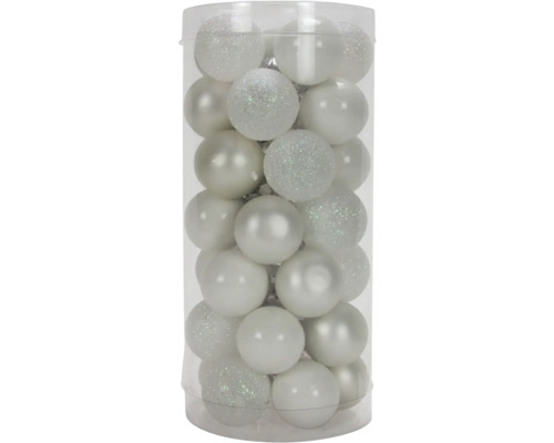 Christbaumschmuck Christbaumkugeln 35 Stück in Rundbox 2,5cm weiß Weihnachtskugeln aus Kunststoff in transparenter Verpackung