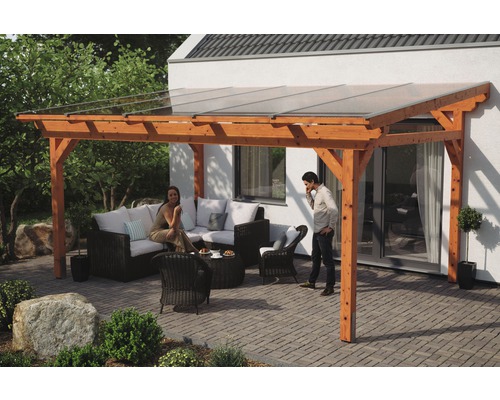 Terrassenüberdachung SKAN HOLZ Sanremo 541x300 cm eiche hell Überdachte Terrasse mit Holzkonstruktion und Sitzgruppe