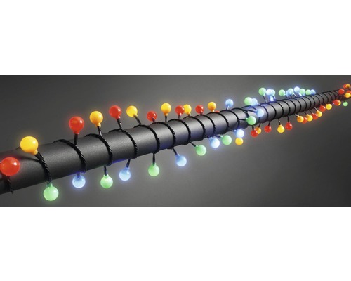 Lichterkette mit bunten Kugeln auf schwarzem Kabel