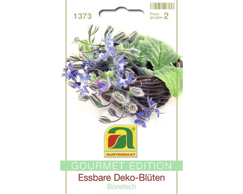 AUSTROSAAT Logo. Packung essbare Deko-Blüten Borretsch.