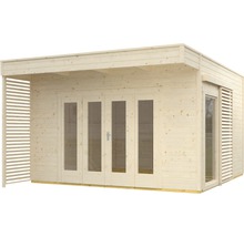 Holzgartenhaus mit Fenstern und Schiebetüren
