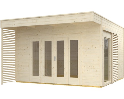 Holzgartenhaus mit Fenstern und Schiebetüren