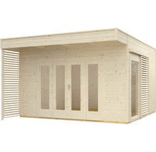 Holzgartenhaus mit Terrassenüberdachung und Schiebetür