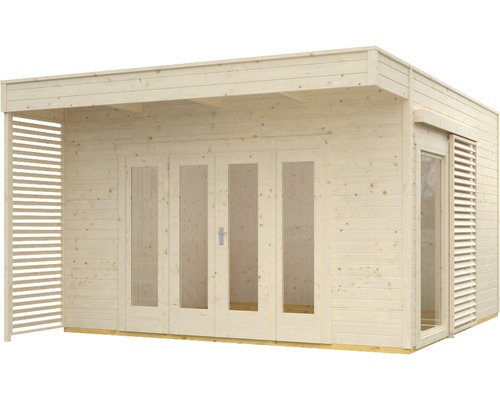 Holzgartenhaus mit Terrassenüberdachung und Schiebetür