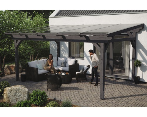 Terrassenüberdachung SKAN HOLZ Sanremo 541x250 cm schiefergrau Überdachte Terrasse mit Gartenmöbeln und zwei Personen