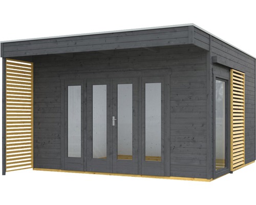 Modernes Gartenhaus mit Flügeltüren und Lamellen