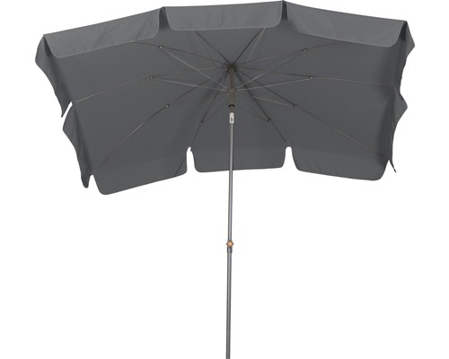 Grauer Gartenschirm mit rechteckigem Schirmdach und Metallgestell