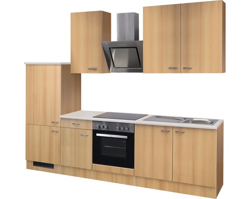 Küchenzeile mit Schränken, Dunstabzugshaube, Spüle und Elektroherd