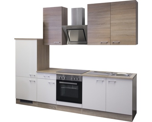 Küchenzeile mit Hängeschränken, Dunstabzugshaube, Spüle und Elektroherd