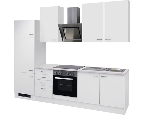 Komplette weiße Einbauküche mit Schränken, Spüle, Herd und Dunstabzugshaube