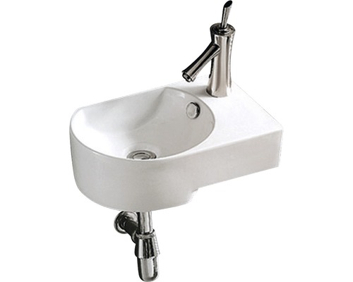 Aufsatzwaschtisch Sanotechnik halbrund 41x27 cm rechts weiß Weißes Keramik-Hänge-Waschbecken mit Armatur und Siphon