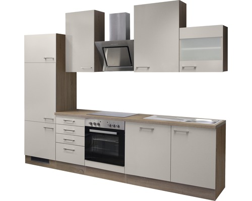 Komplette Küchenzeile mit Schränken, Spüle, Herd und Dunstabzugshaube