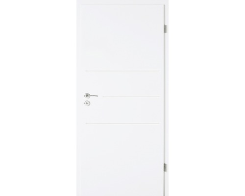 Weiße Innentür mit horizontalen Linien, Türgriff und Schloss