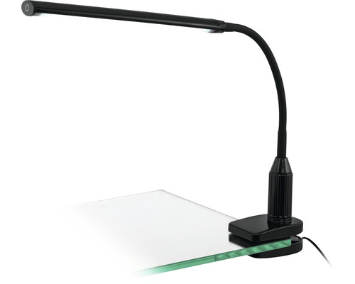 Schwarze Klemmleuchte mit flexiblem Arm auf einer Tischplatte