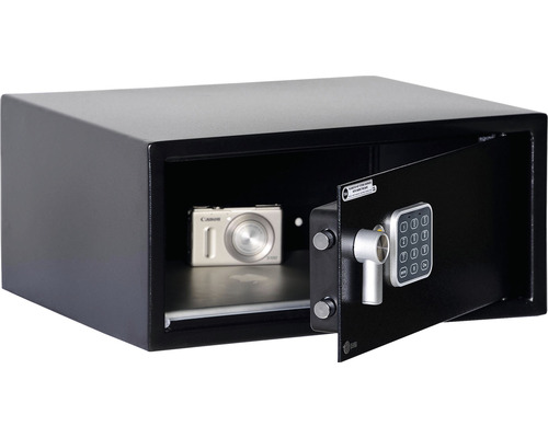 Schwarzer Tresor mit digitalem Zahlenschloss und Kamera im Inneren