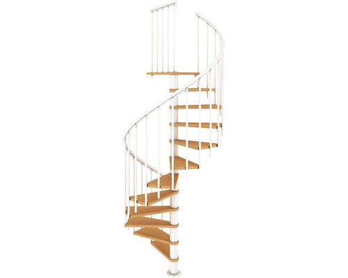 Wendeltreppe mit Holzstufen und weißem Geländer