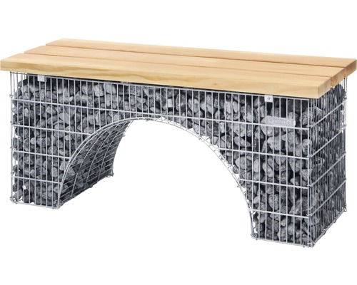 Gartenbank mit Holzauflage und Gabionenstruktur