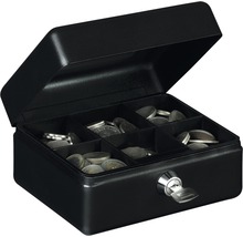 Geöffnete Geldkassette aus Metall mit Schlüssel und Fächern