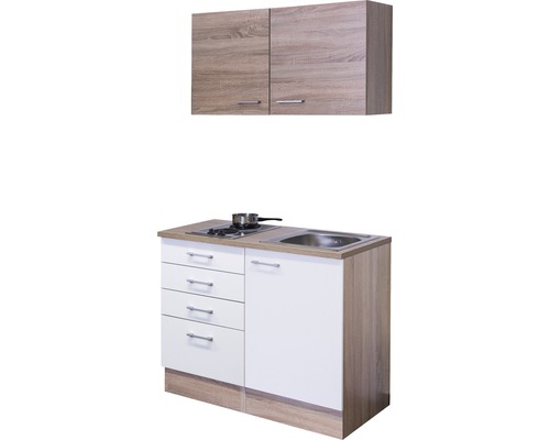 Kompakte Küchenzeile mit Spüle, Kochfeld und Hängeschrank