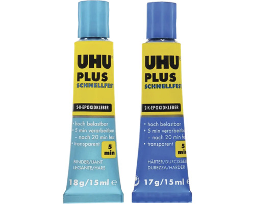 Zwei Tuben UHU Plus Schnellfest 2-K-Epoxidkleber, Binder und Härter