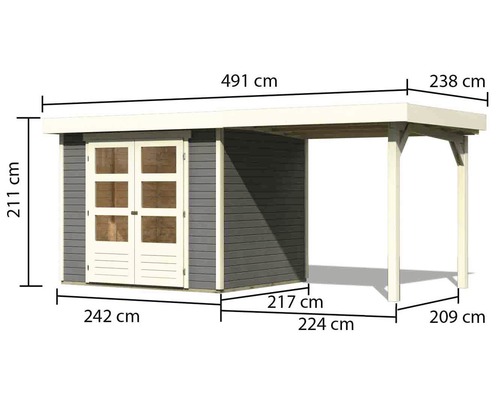Abmessungen eines Gartenhauses mit Anbau