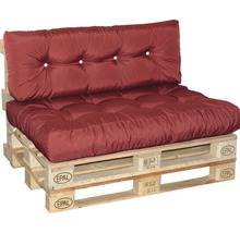 Palettensofa mit roter Polsterung und EPAL-Kennzeichnung