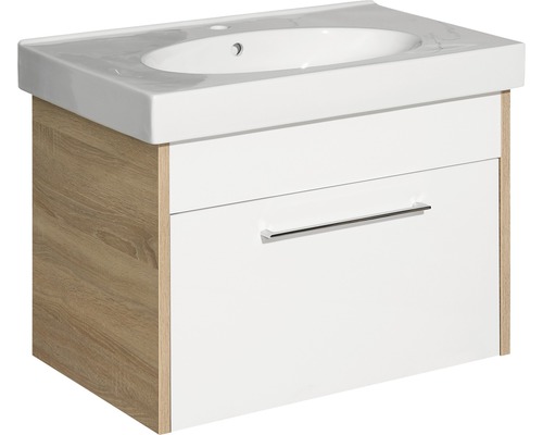 Waschbeckenunterschrank Pelipal Lagos 58,5x80 cm mit Keramikwaschbecken weiß/eiche Waschbeckenunterschrank mit einem Schubfach und einem Waschbecken