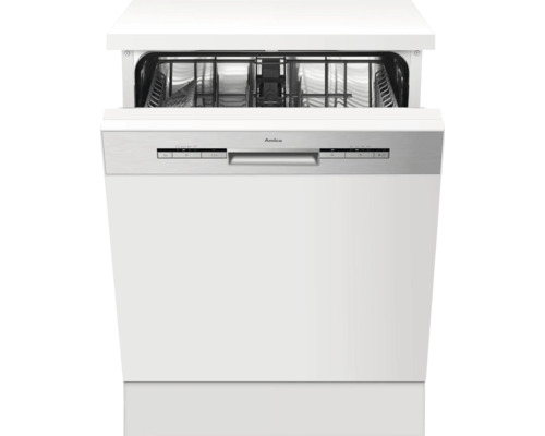 Teilintegrierbarer Geschirrspüler Amica EGSP14797-1E 82x60x58 cm für 12 Maßgedecke Offene weiße Geschirrspülmaschine von Amica mit silberfarbenen Bedienelementen.