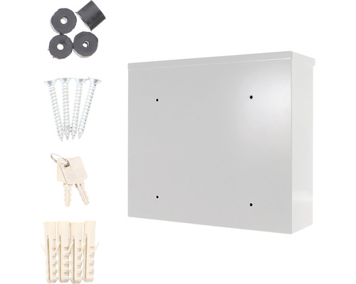 Briefkasten mit Schrauben, Dübeln, Schlüsseln und Dichtungen