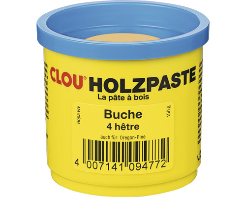 Clou Holzpaste Buche in einem gelben Behälter mit blauem Deckel