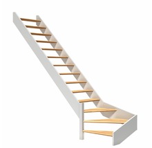 Raumspartreppe mit Holzstufen und weißem Treppengeländer