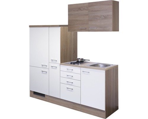 Kompakte Küche mit Ober- und Unterschränken, Spüle und Kochfeld für kleine Räume