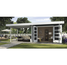 Modernes Gartenhaus mit überdachter Terrasse und Gartenmöbeln