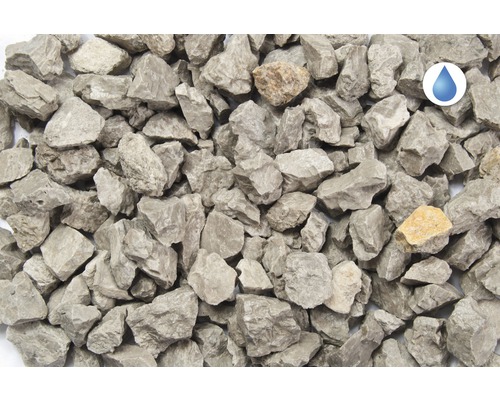 Graue Zierschottersteine mit Wasserdurchlässigkeitssymbol