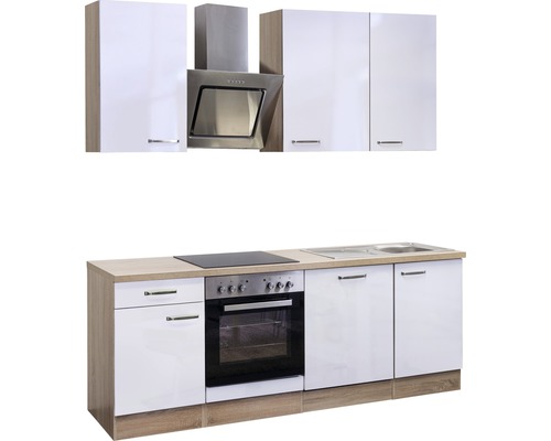 Moderne Küche mit Einbaugeräten, Spüle und Hängeschränken