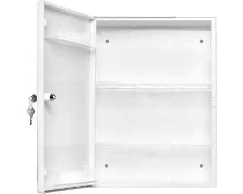 Geöffneter Medizinschrank mit Schlüssel und zwei Regalböden