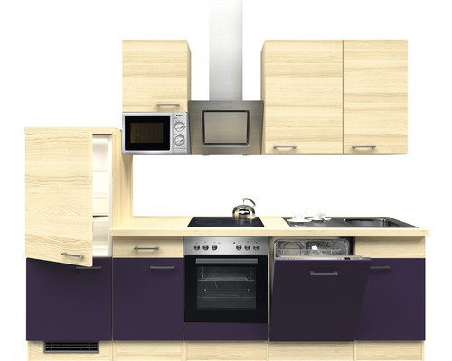 Küchenblock Flex Well Focus 9983 Akazie-Dekor/Aubergine 280 cm inkl. Einbaugeräte