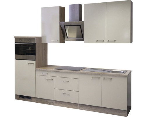 Küchenzeile mit Spüle, Herd, Backofen, Dunstabzugshaube und Hängeschränken