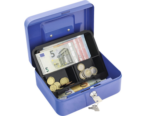 Geöffnete blaue Geldkassette mit Geldscheinen und Münzen