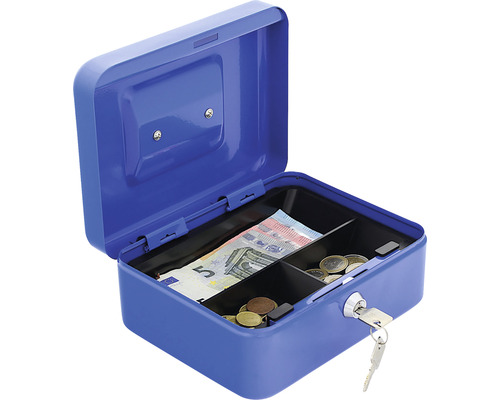 Geöffnete blaue Geldkassette mit Geldscheinen und Münzen
