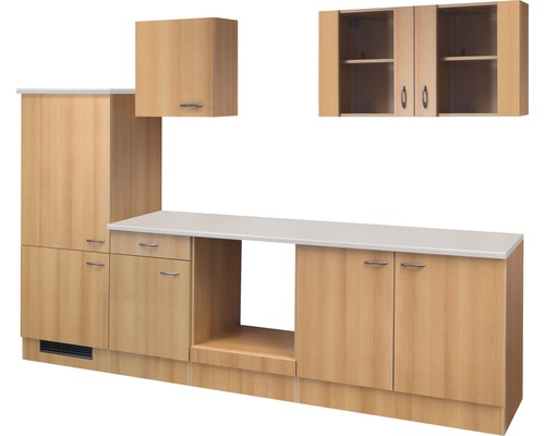 Küchenleerblock Flex Well Nano L-270-2206-050 Buche-Dekor/Buche-Dekor 270 cm Küchenzeile mit Unter- und Oberschränken sowie Arbeitsplatte