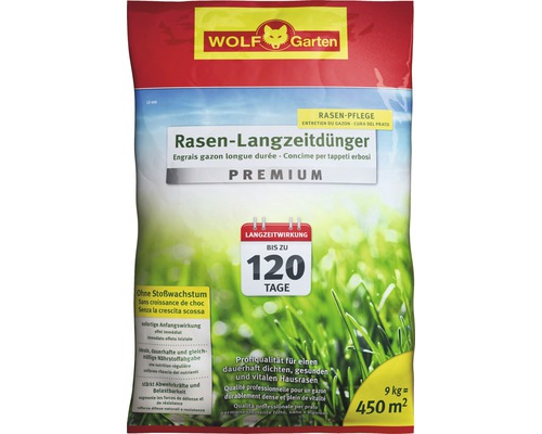 Rasen-Langzeitdünger WOLF-Garten Premium 9 kg / 450 m² Wolf Garten Logo. Packung Rasen Langzeitdünger Premium, Inhalt 9 Kilogramm für 450 Quadratmeter Rasenfläche.