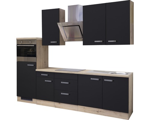 Komplette Küchenzeile mit Elektrogeräten, Spüle, Kochfeld, Dunstabzugshaube, Schubladen und Schränken