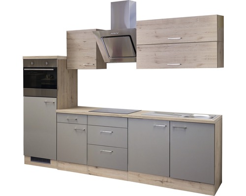 Küchenzeile mit Elektrogeräten, Hängeschränken und Dunstabzugshaube