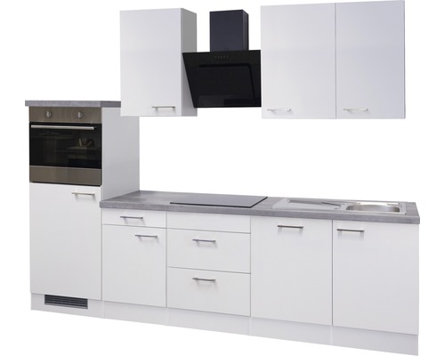 Komplette Küchenzeile mit Spüle, Herd, Backofen, Dunstabzugshaube und Schränken